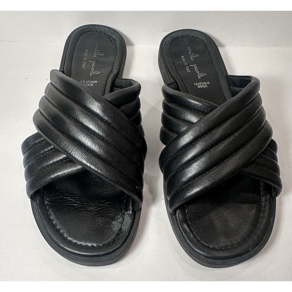 Mila Paoli Black Leather Criss Cross Slide Sandals Italy Women’s 9.5